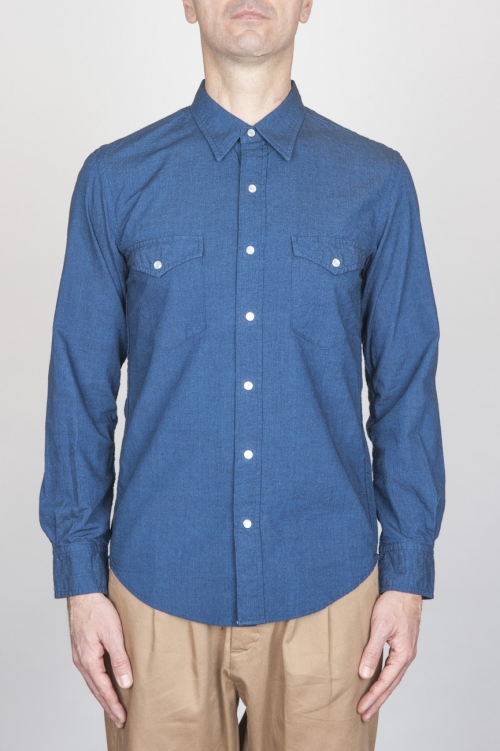 Camicia Texana Western In Cotone Chambray Blue Indaco