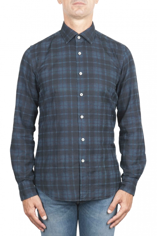 SBU 01305 チェック模様の青い綿のシャツ 01