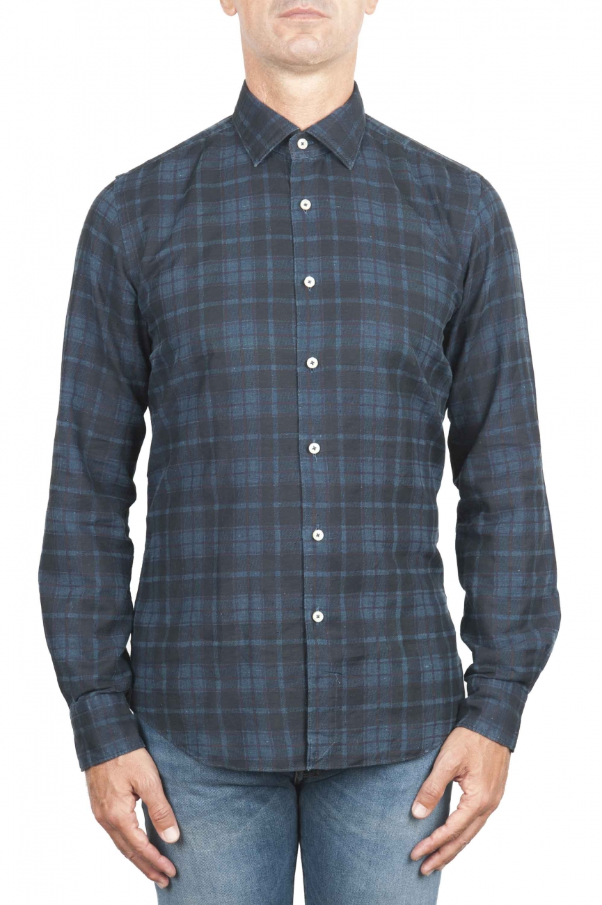 SBU 01305 Checkered pattern blue cotton shirt 01