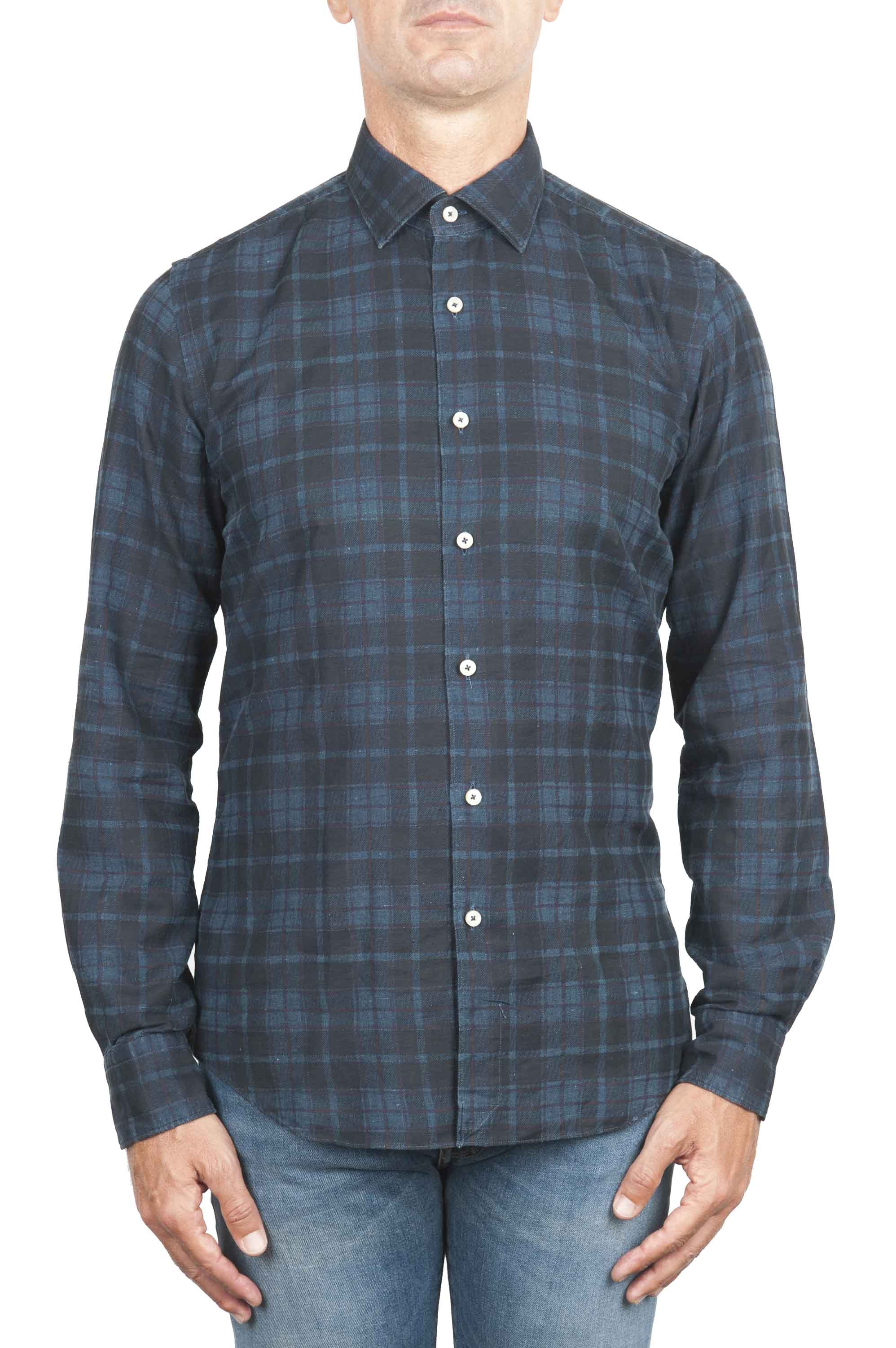 SBU 01305 Checkered pattern blue cotton shirt 01