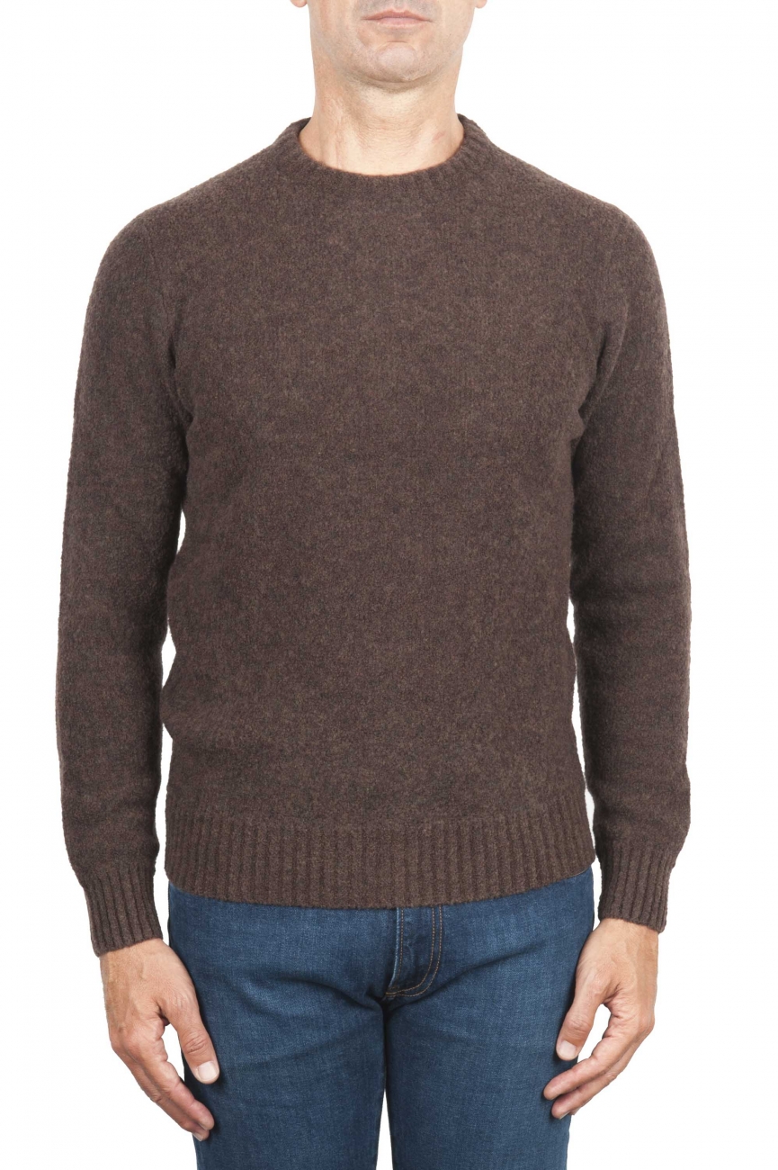 SBU 01469 Brown crew neck sweater in boucle merino wool extra fine 01