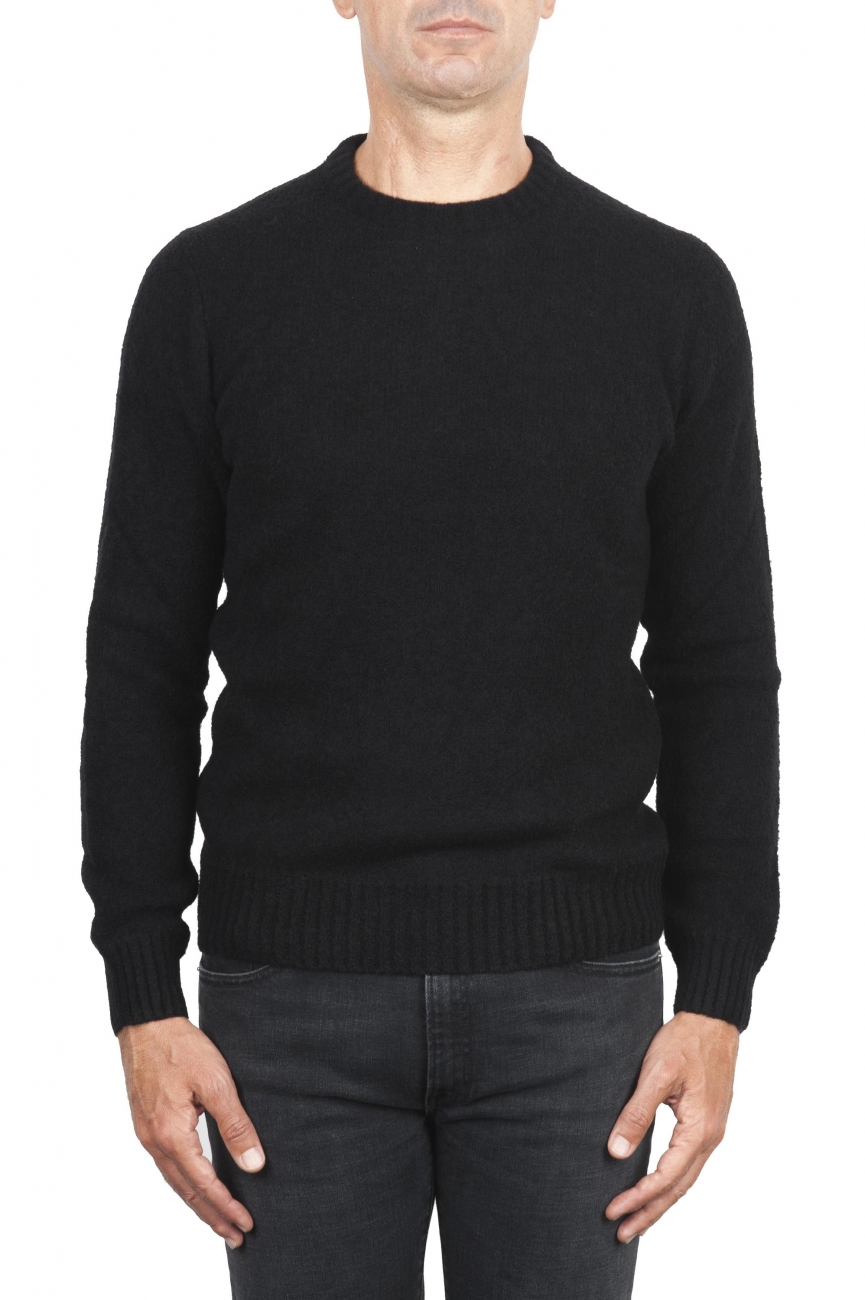 SBU 01471 Black crew neck sweater in boucle merino wool extra fine 01