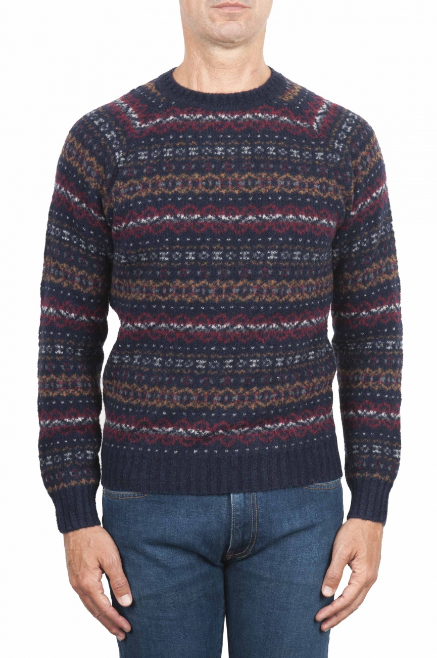 SBU 01489 Blue jacquard crew neck sweater in merino wool extra fine blend 01