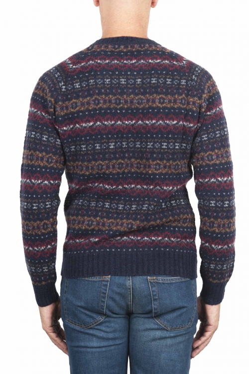 SBU 01489 Blue jacquard crew neck sweater in merino wool extra fine blend 01