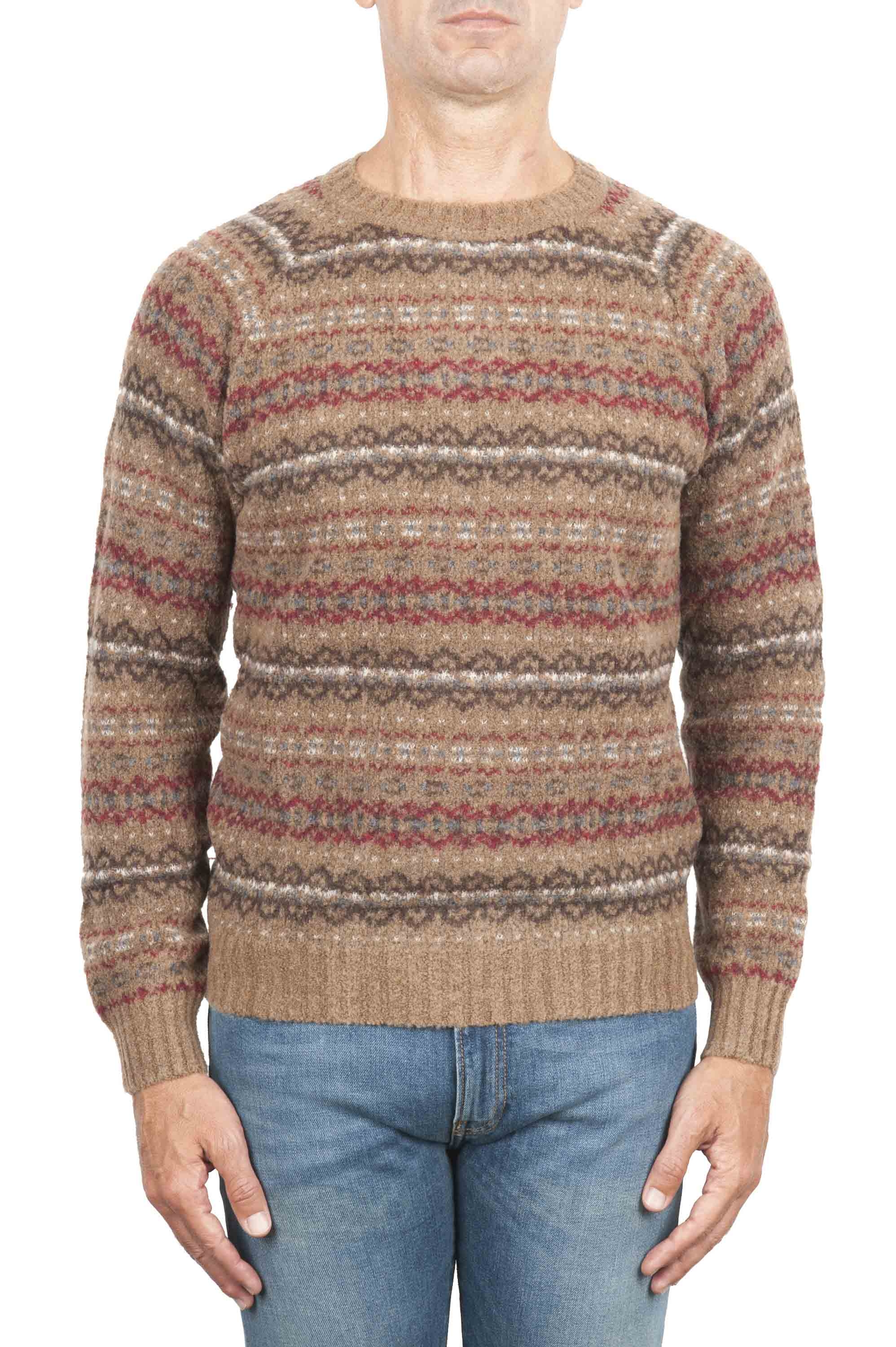 SBU 01491 Brown jacquard crew neck sweater in merino wool extra fine blend 01
