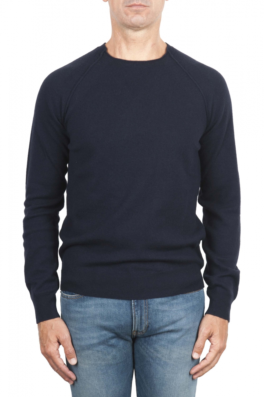 SBU 01492 Blue round neck raw cut neckline and raglan sleeve sweater 01