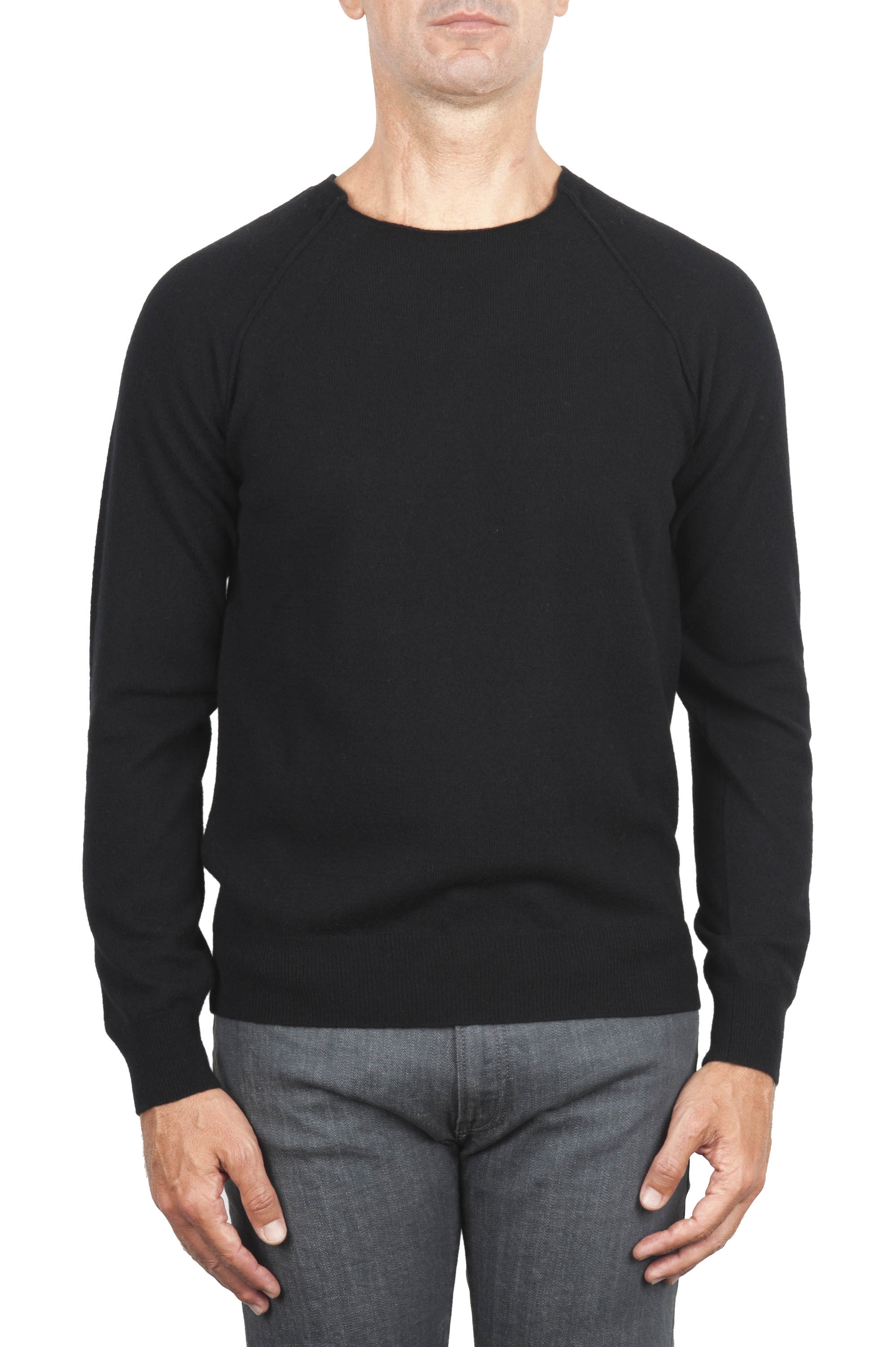 SBU 01496 Black round neck raw cut neckline and raglan sleeve sweater 01