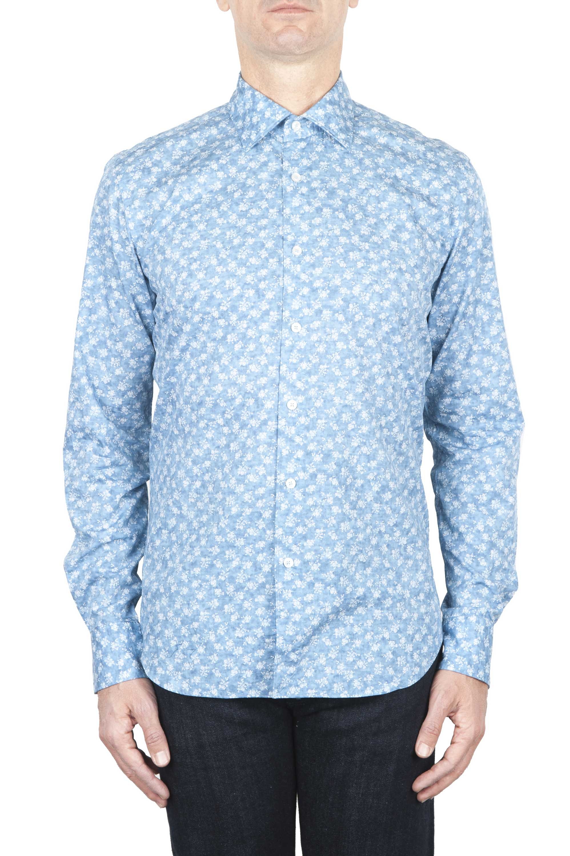 SBU 01590 Geometric printed pattern light blue cotton shirt 01