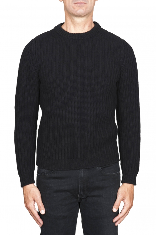 SBU 01596 Suéter clásico de cuello redondo en costilla de pescador de lana pura negra 01