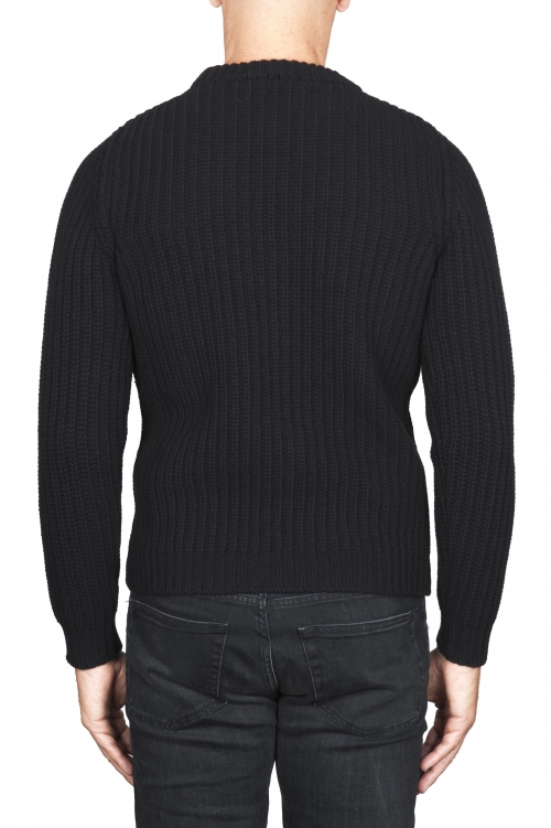 SBU 01596 Pullover girocollo classico nero in pura lana a costa inglese 01