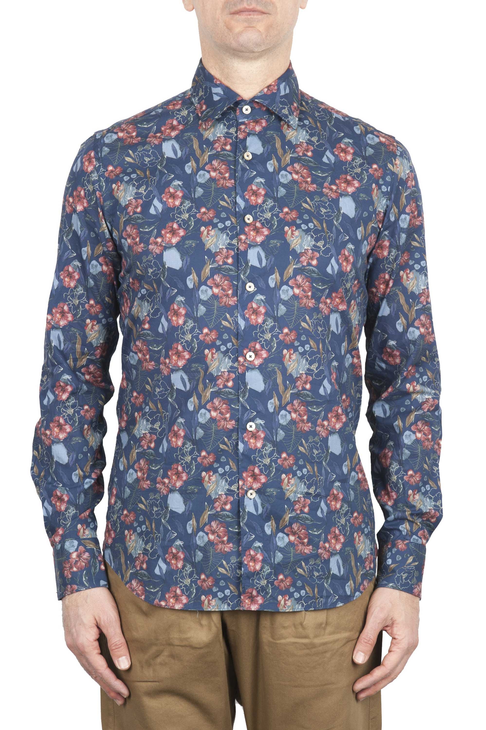 SBU 01600 Floral printed pattern blue cotton shirt 01