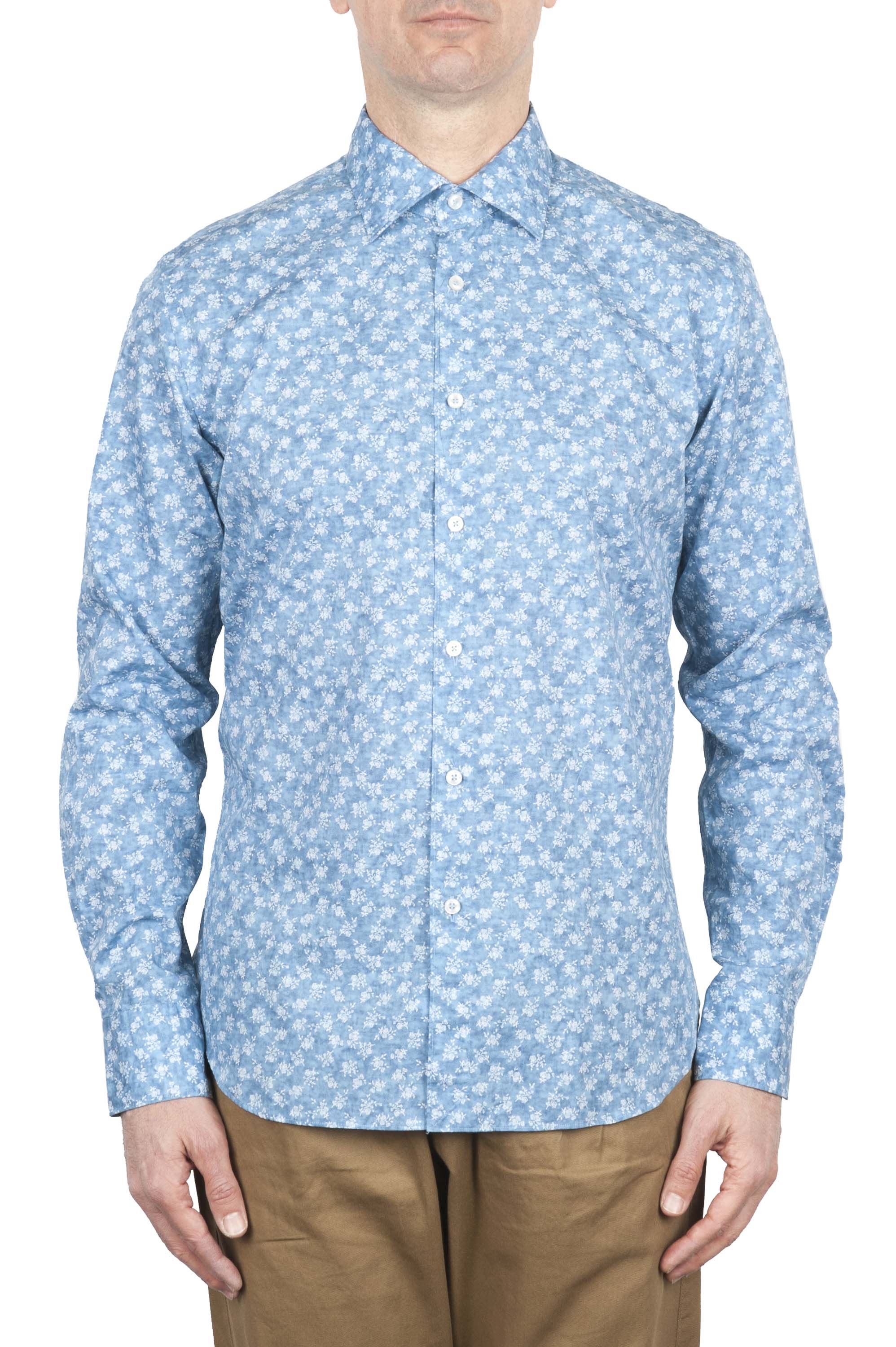 SBU 01601 Floral printed pattern light blue cotton shirt 01