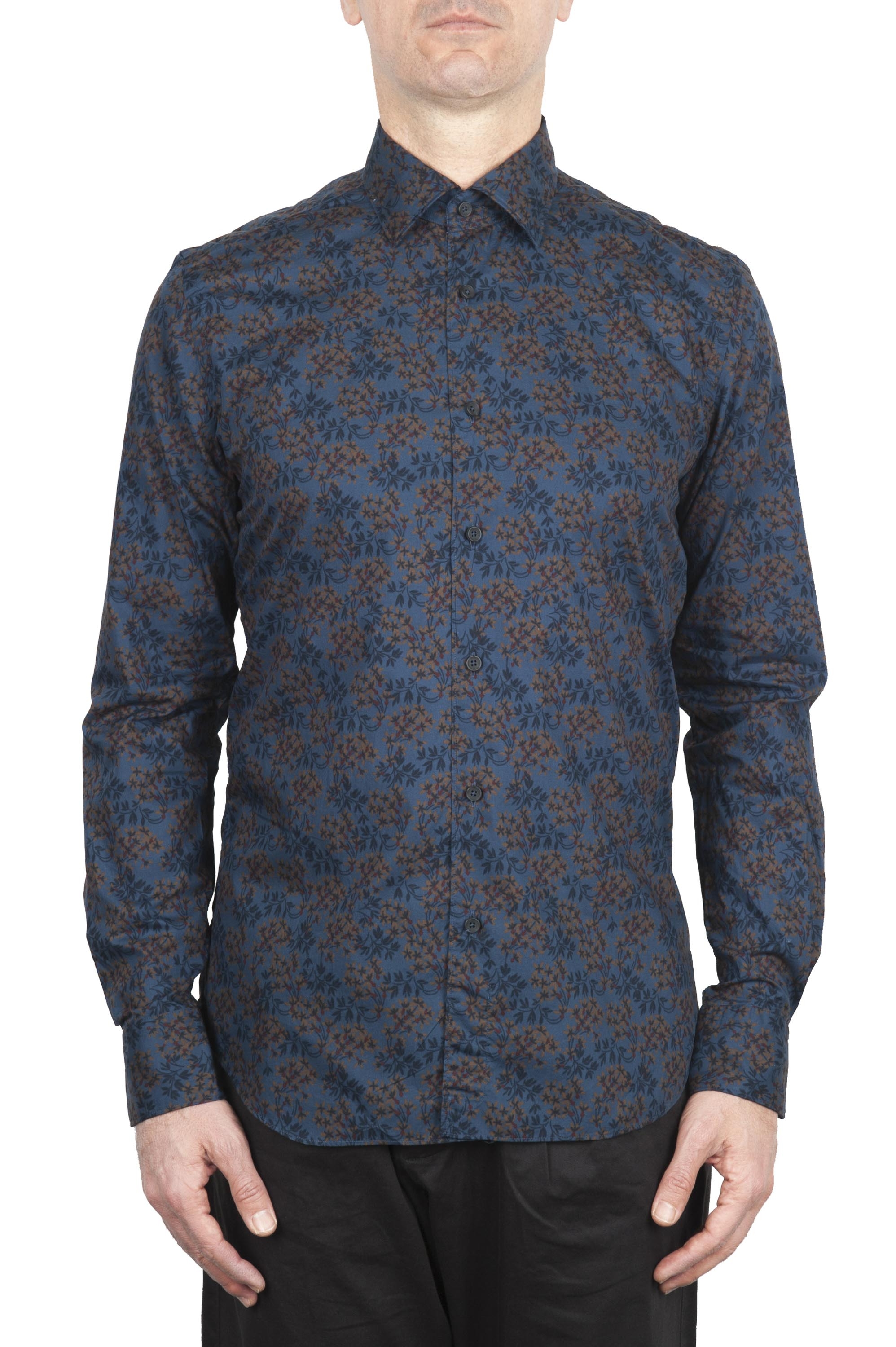 SBU 01602 Floral printed pattern blue cotton shirt 01