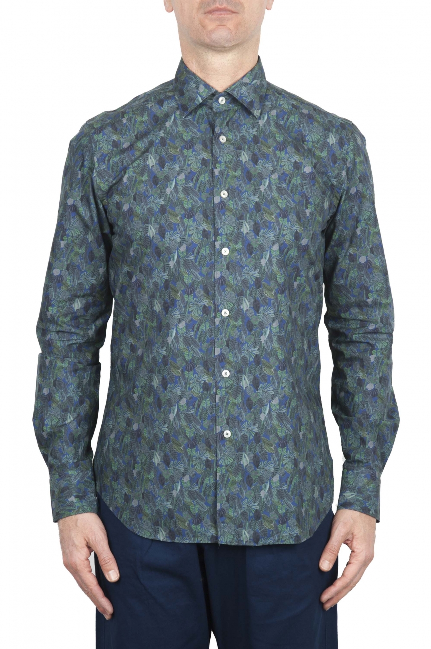 SBU 01605 Floral printed pattern green cotton shirt 01