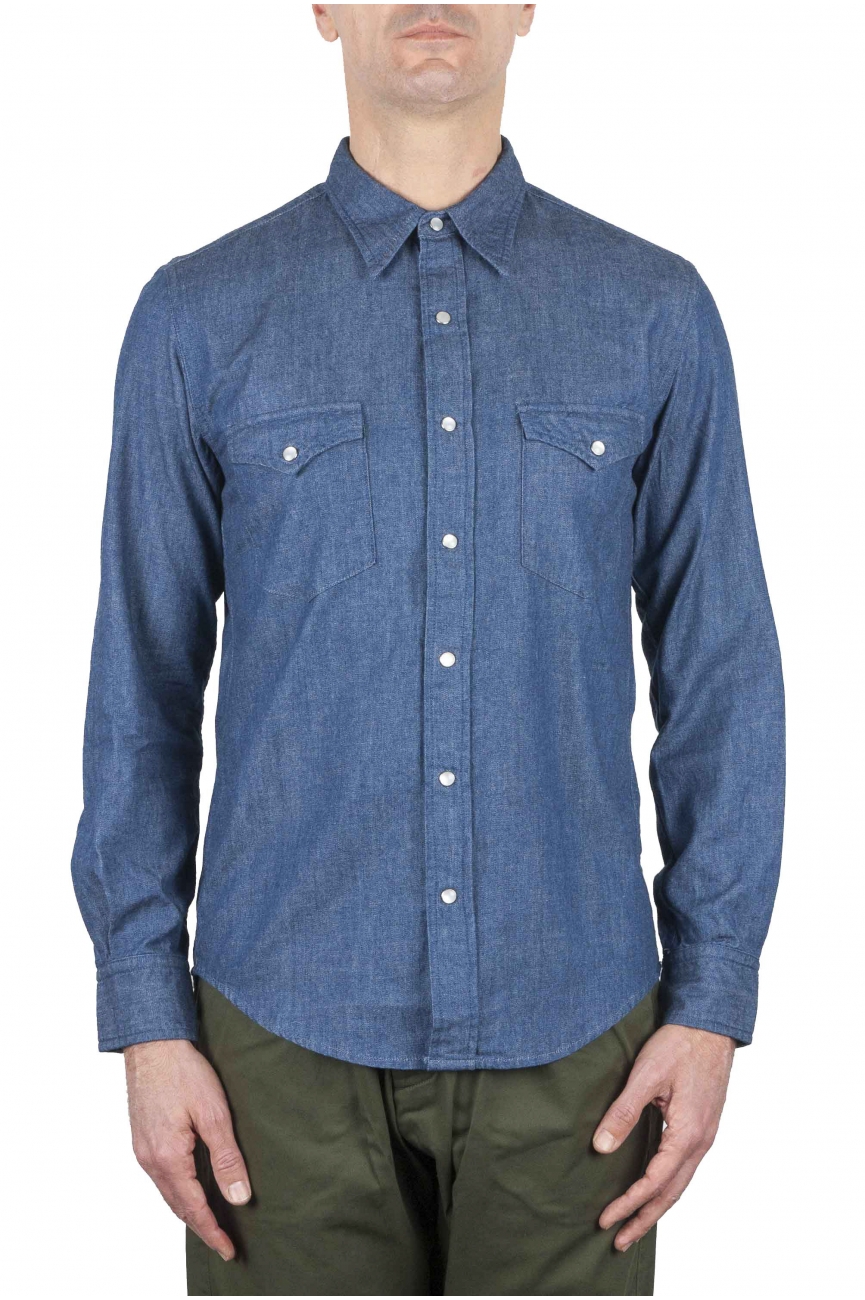 SBU 01616 Natural indigo chambray cotton western shirt 01