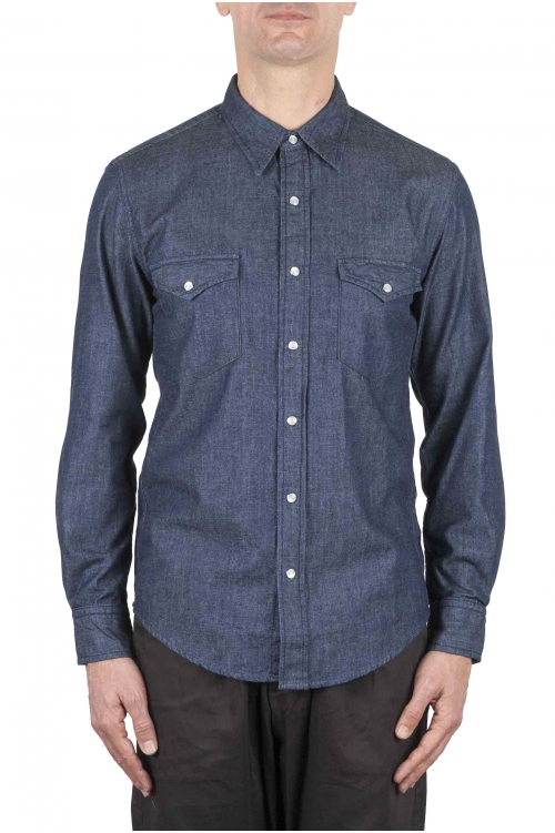 SBU 01617 Pure indigo chambray cotton western shirt 01