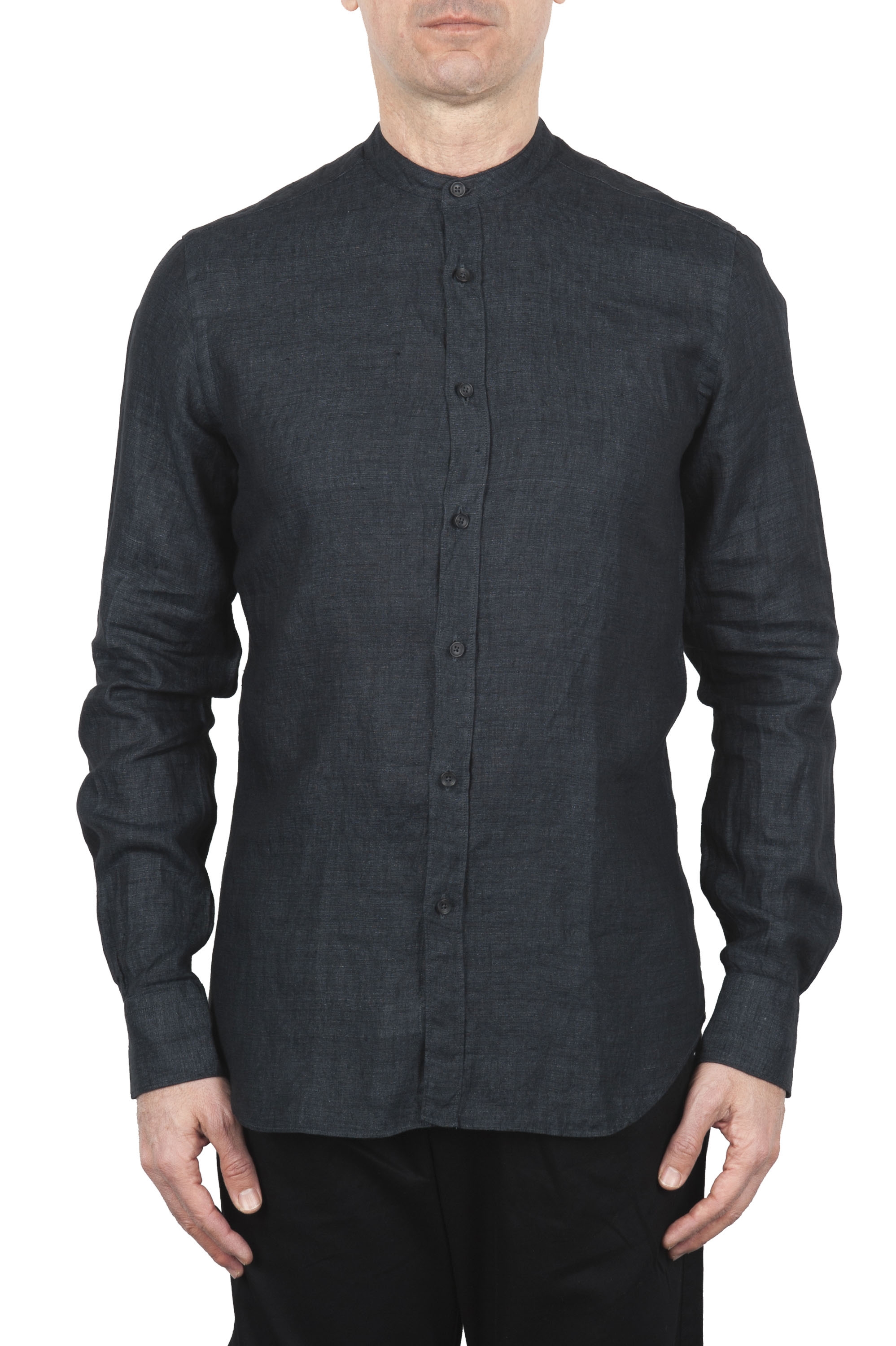 SBU 01627 Classic mandarin collar grey anthracite linen shirt 01