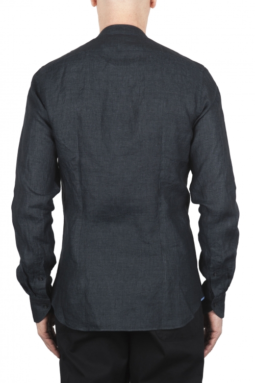 SBU 01627 Camicia classica con collo coreano in lino grigio antracite 01