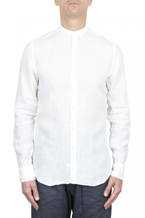SBU 01628 Classic mandarin collar white linen shirt 01