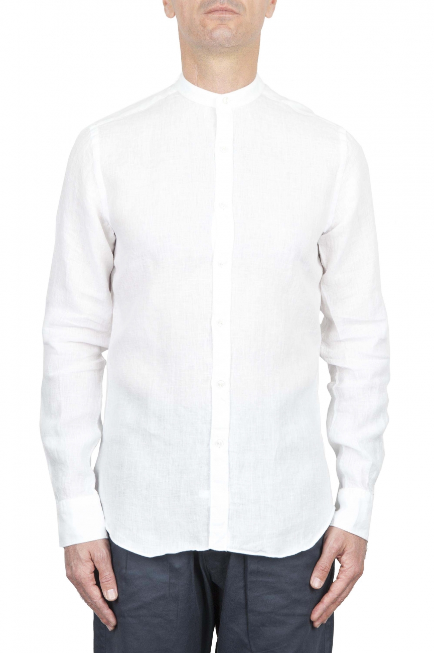 SBU 01628 Classic mandarin collar white linen shirt 01