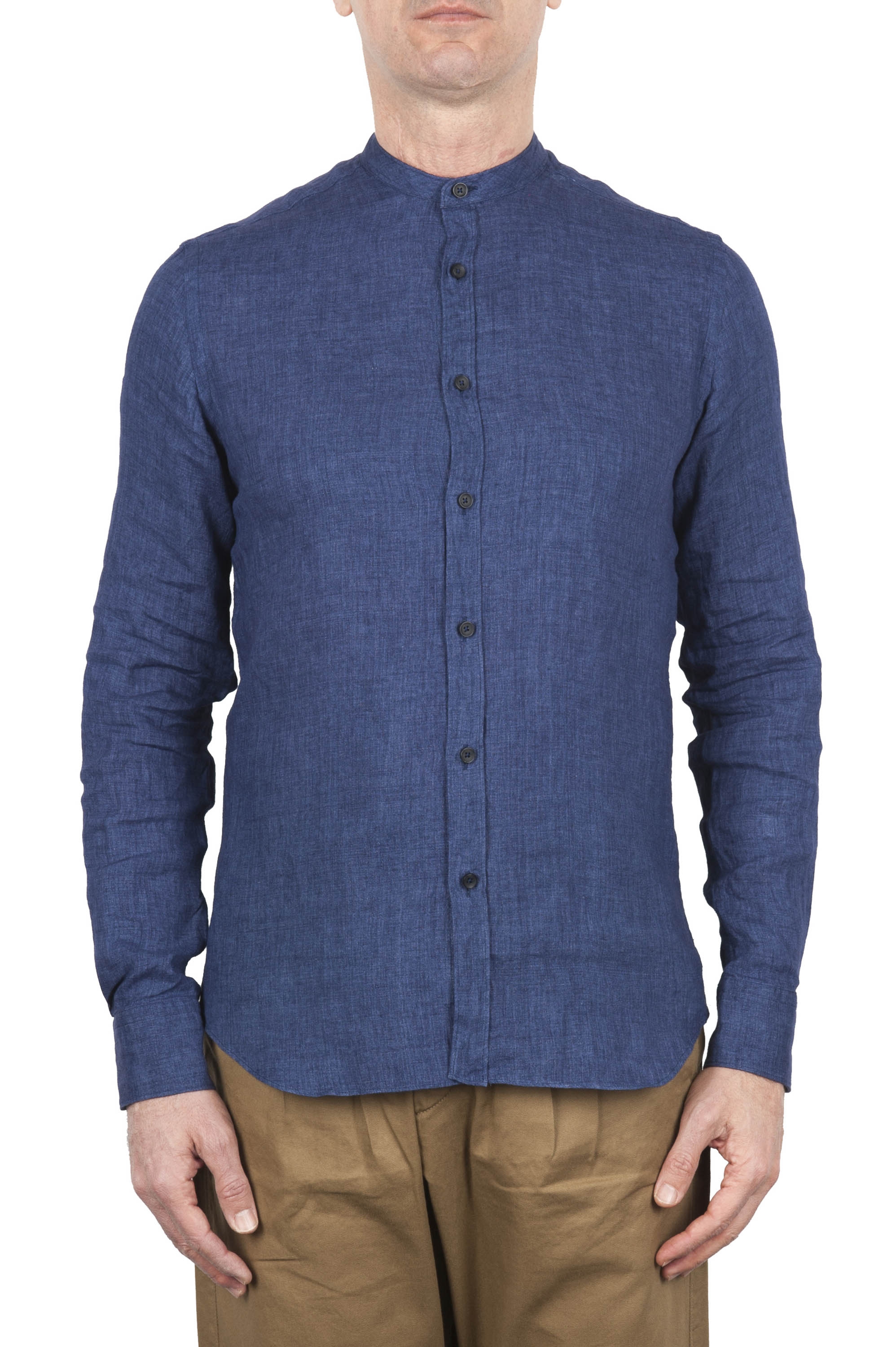 SBU 01629 Classic mandarin collar blue linen shirt 01