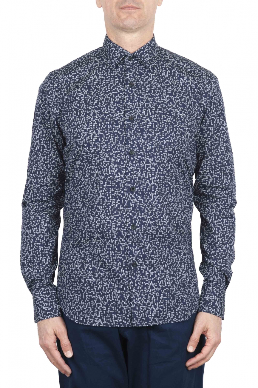 SBU 01632 Floral printed pattern blue cotton shirt 01