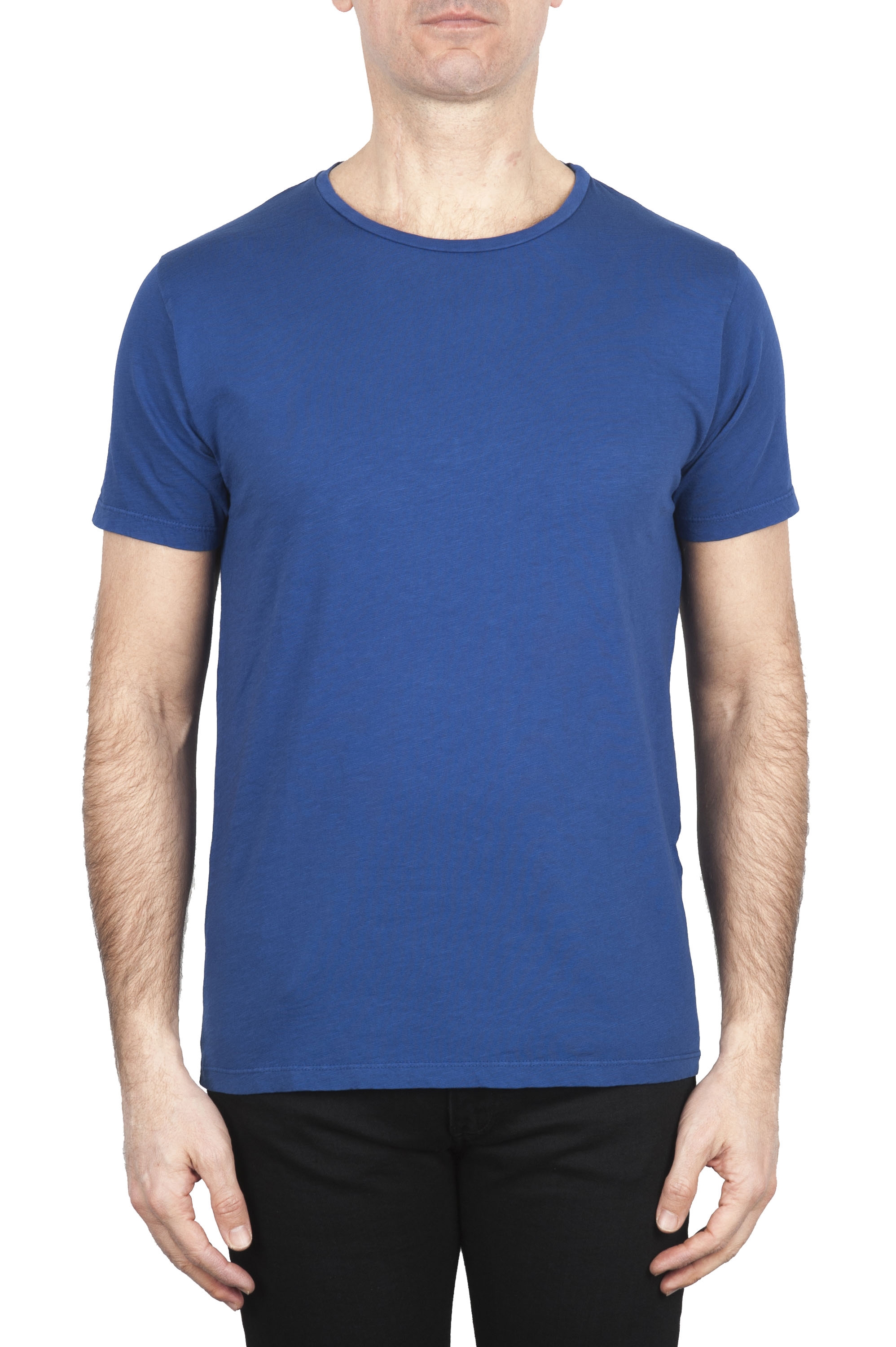 SBU 01649 T-shirt girocollo aperto in cotone fiammato blu 01