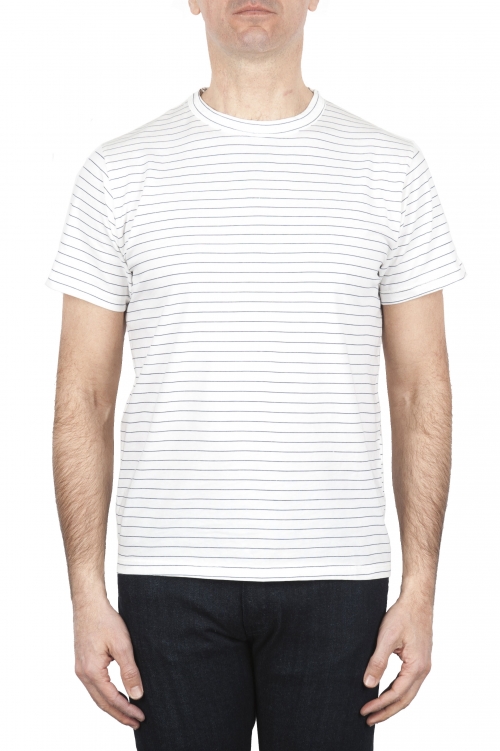 SBU 01650 T-shirt à col rond en coton rayé blanc et bleu 01
