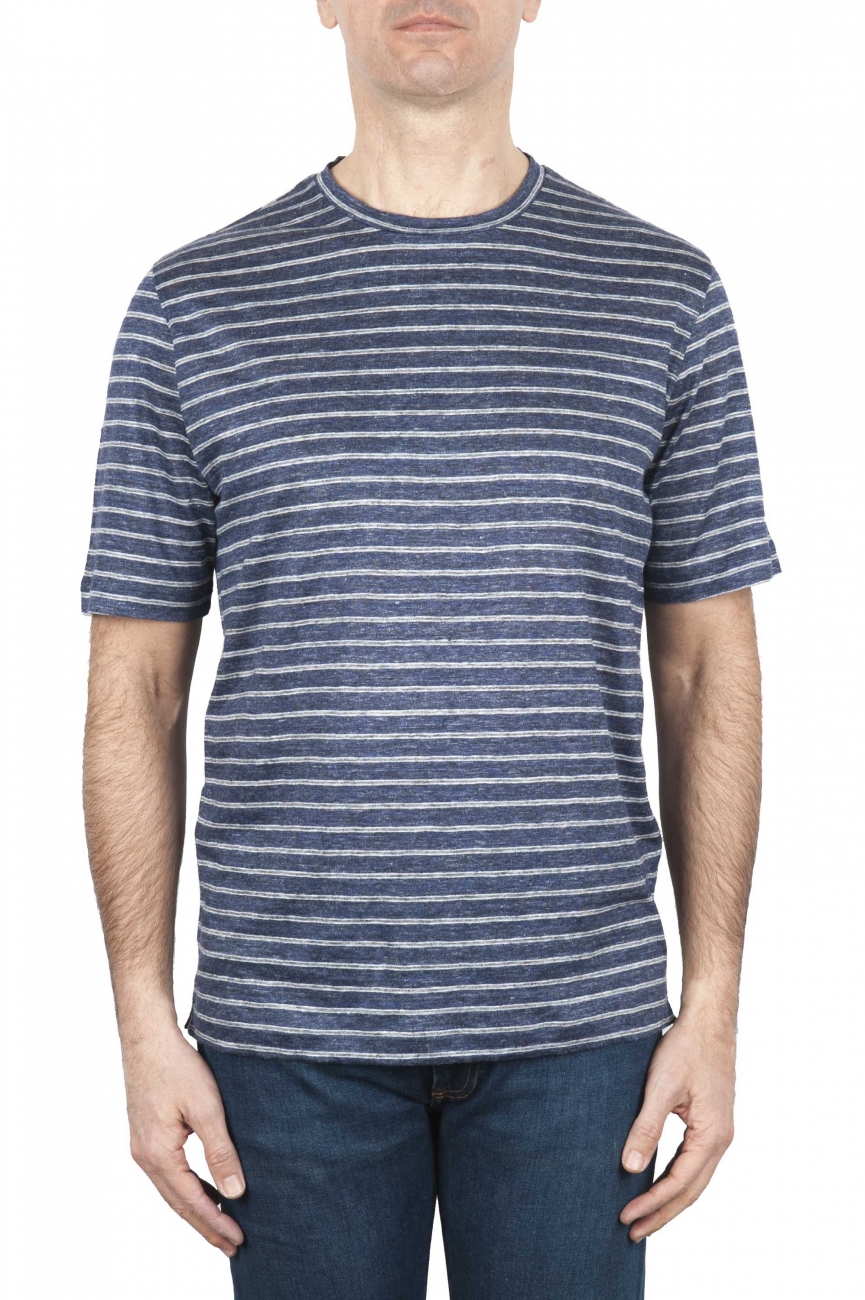 SBU 01651 T-shirt girocollo in lino a righe blu e bianca 01