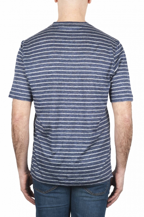 SBU 01651 T-shirt à col rond en lin rayé bleu et blanc 01