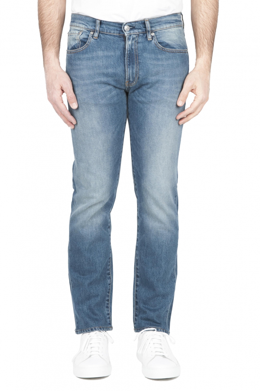 SBU 01450 Pure indigo dyed stone bleached stretch cotton blue jeans 01