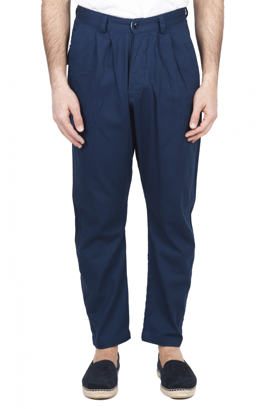 SBU 01671 Pantalón japonés de dos pinzas en algodón azul 01