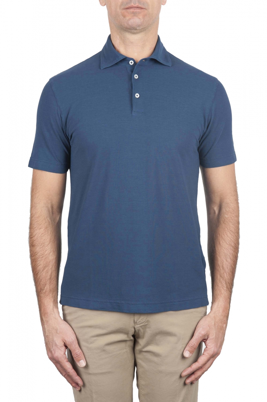 SBU 01688 Classic short sleeve blue cotton crepe polo shirt 01