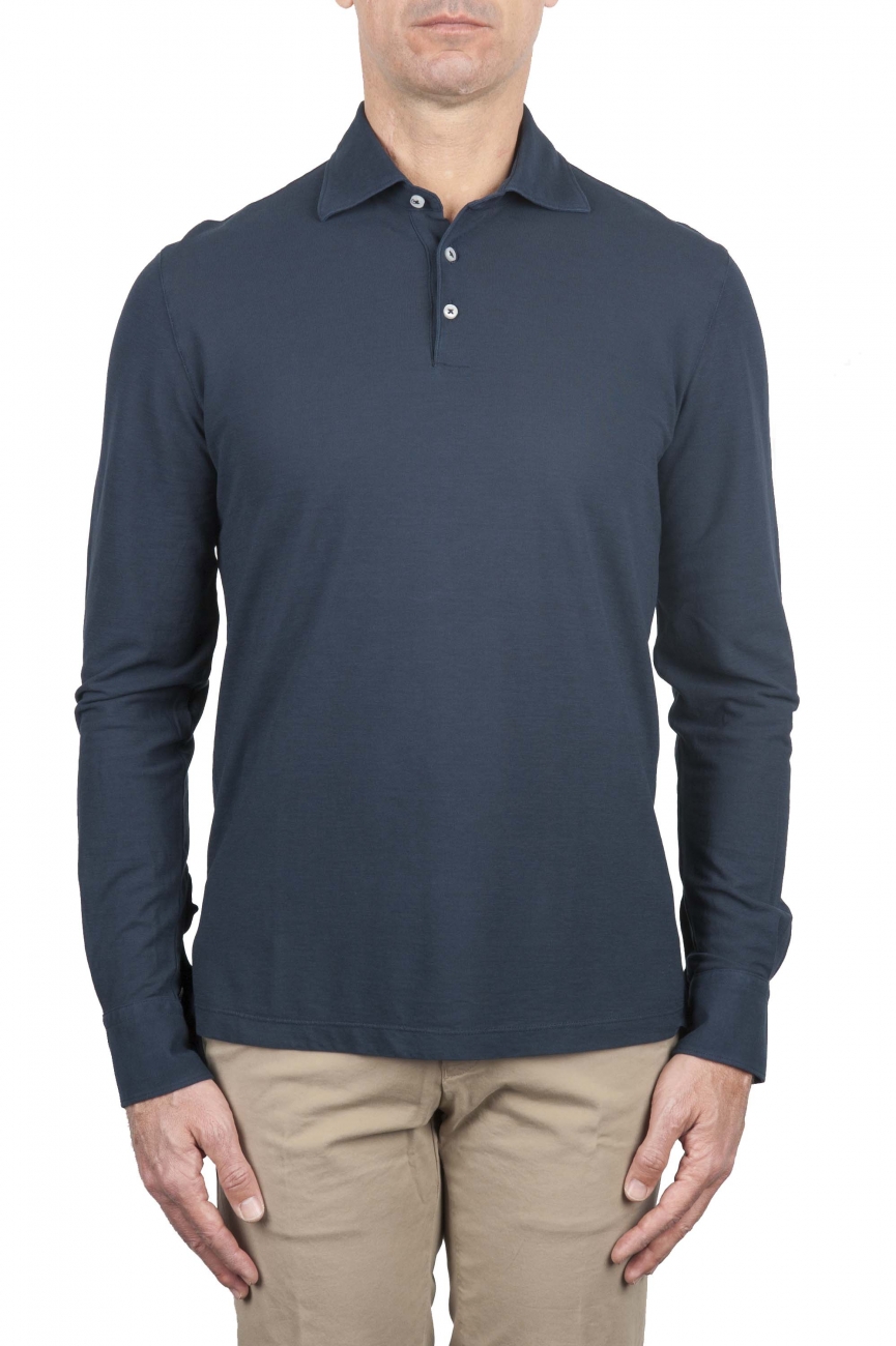 SBU 01710 Classic long sleeve blue cotton crepe polo shirt 01
