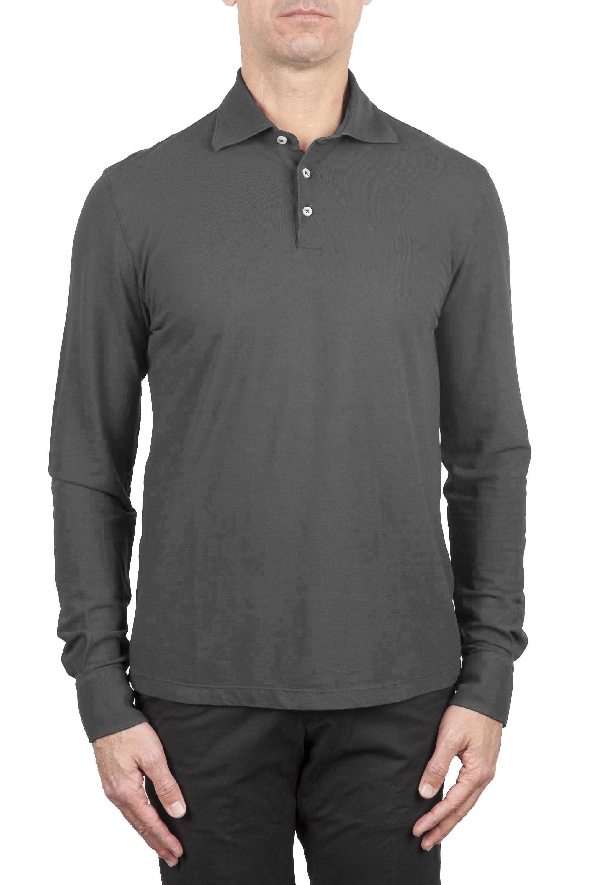 SBU 01711 Classic long sleeve grey cotton crepe polo shirt 01