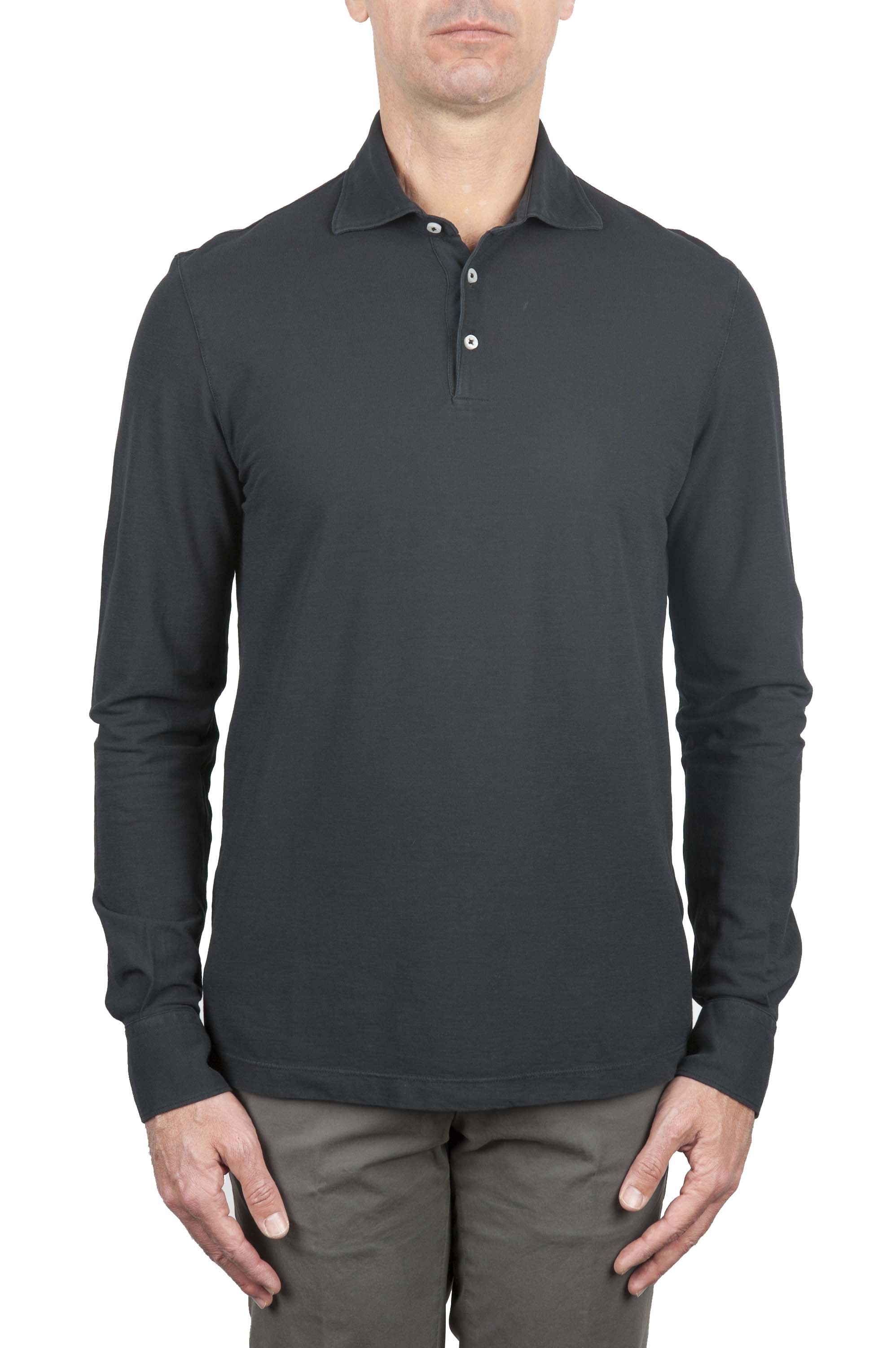 SBU 01712 Classic long sleeve black cotton crepe polo shirt 01