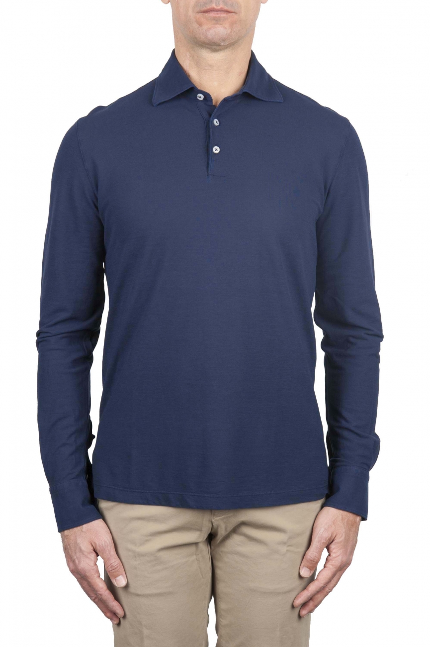SBU 01713 Classic long sleeve china blue cotton crepe polo shirt 01