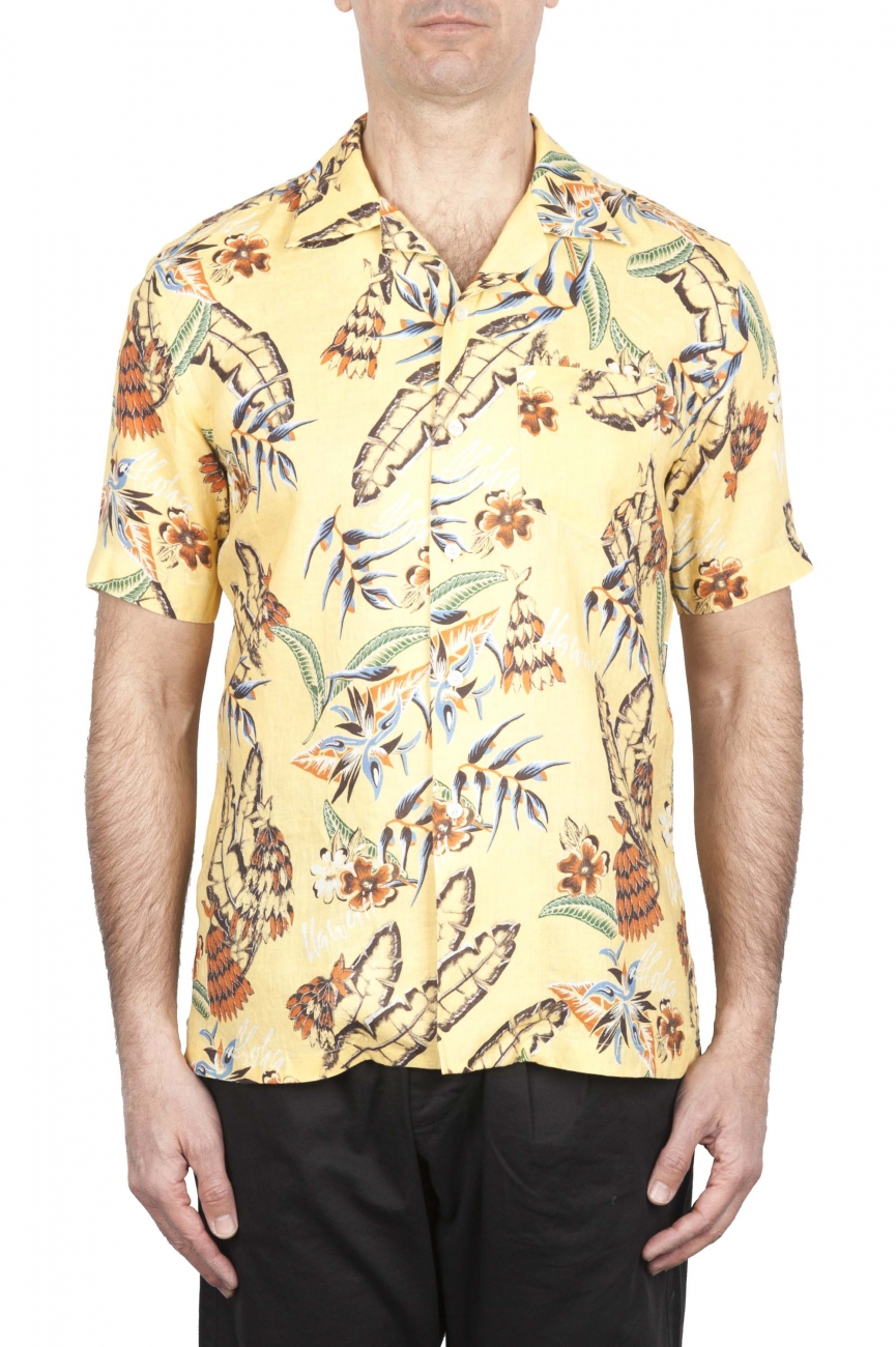 SBU 01716 Hawaiian printed pattern yellow cotton shirt 01