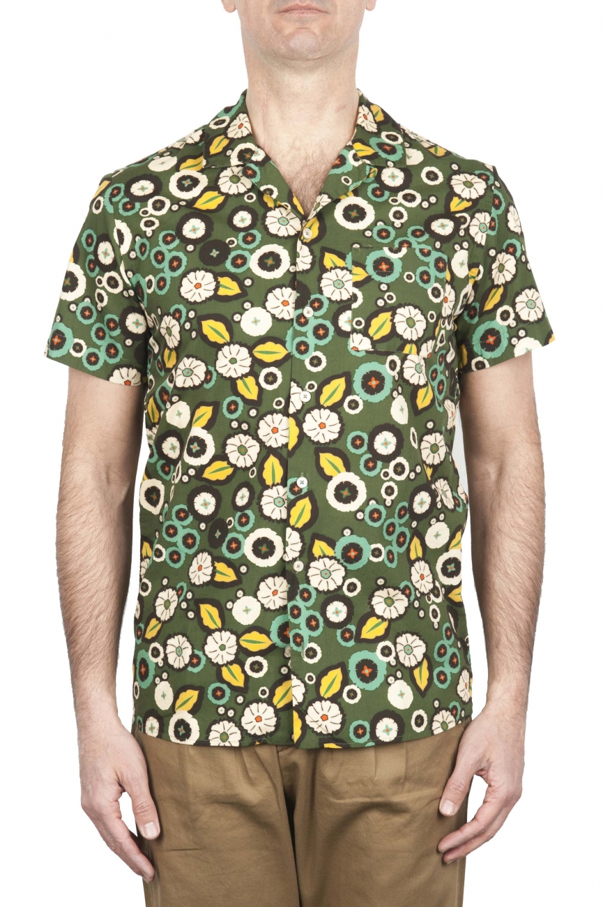 SBU 01717 Hawaiian printed pattern green cotton shirt 01