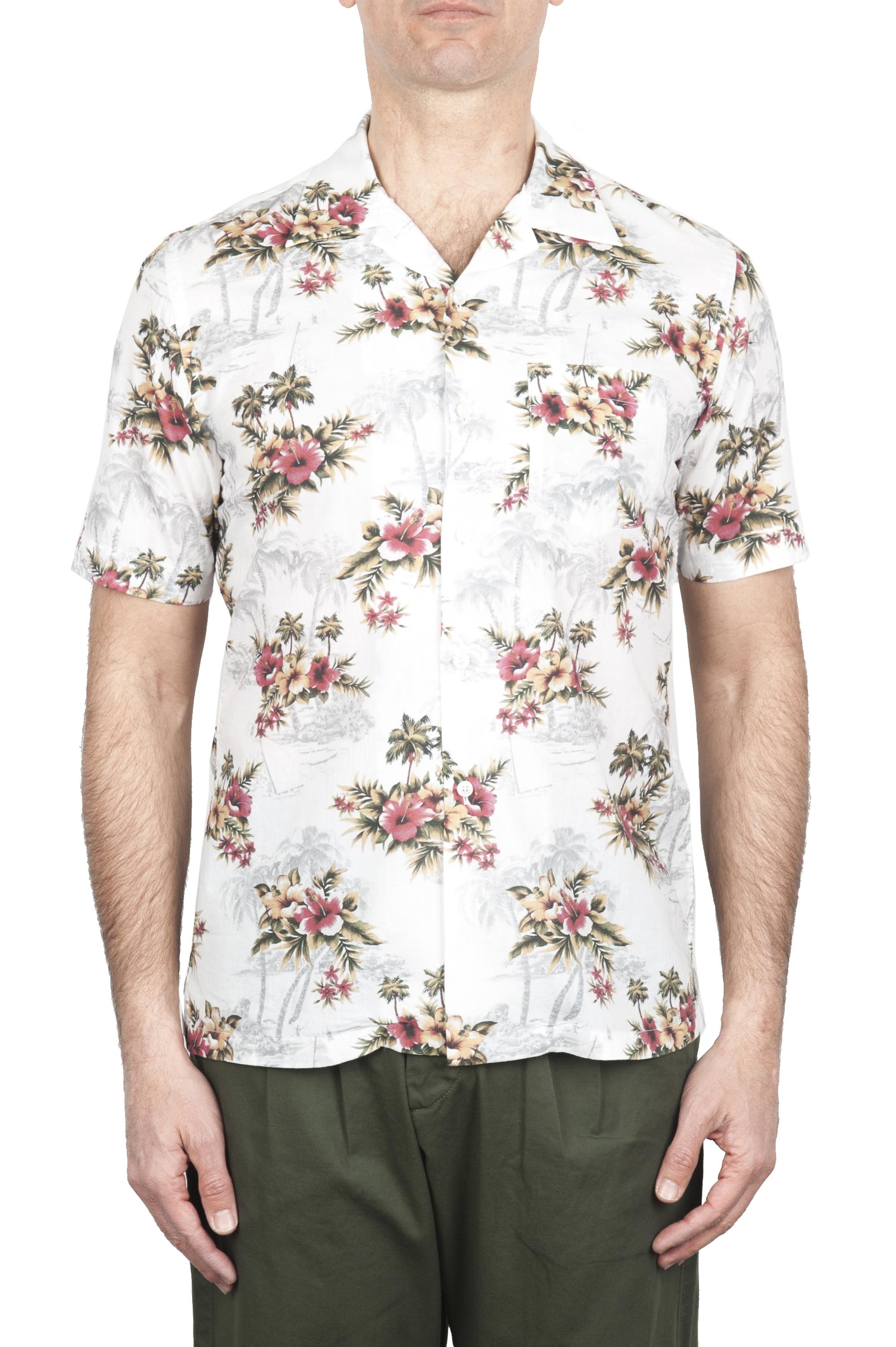 SBU 01718 Camisa hawaiana estampada de algodón blanca 01