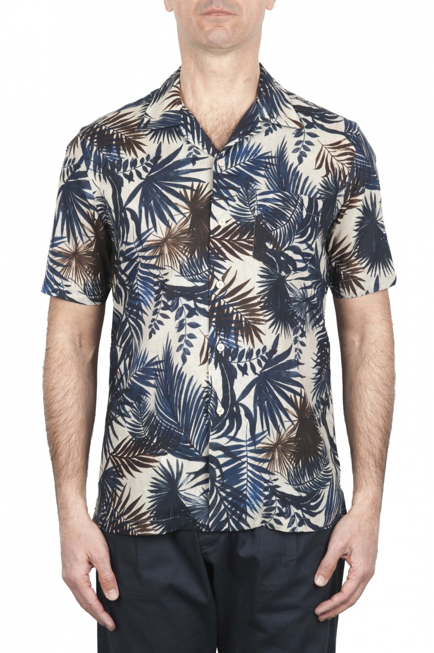 SBU 01719 Hawaiian printed pattern blue cotton shirt 01