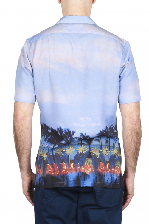 SBU 01721 Hawaiian printed pattern blue cotton shirt 01