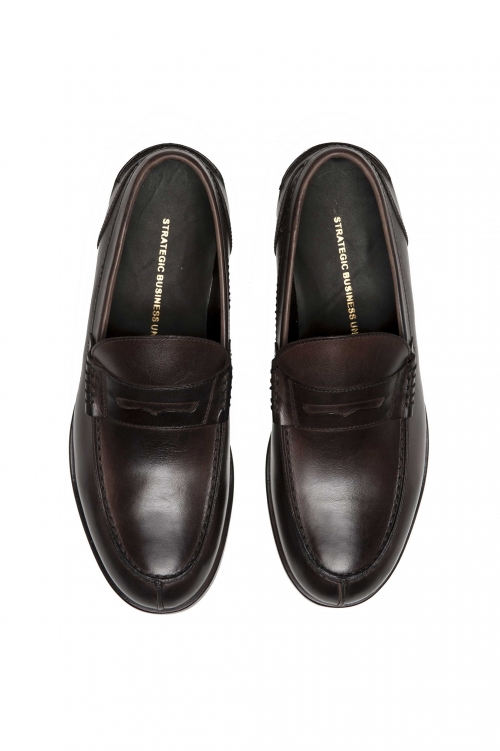 SBU 01505 Brown plain calfskin penny loafers with leather sole 01
