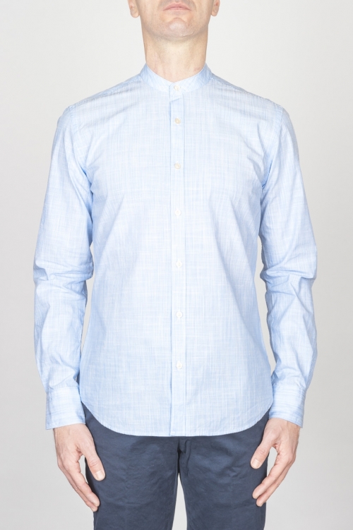 Classic Mandarin Collar White And Light Blue Super Cotton Shirt