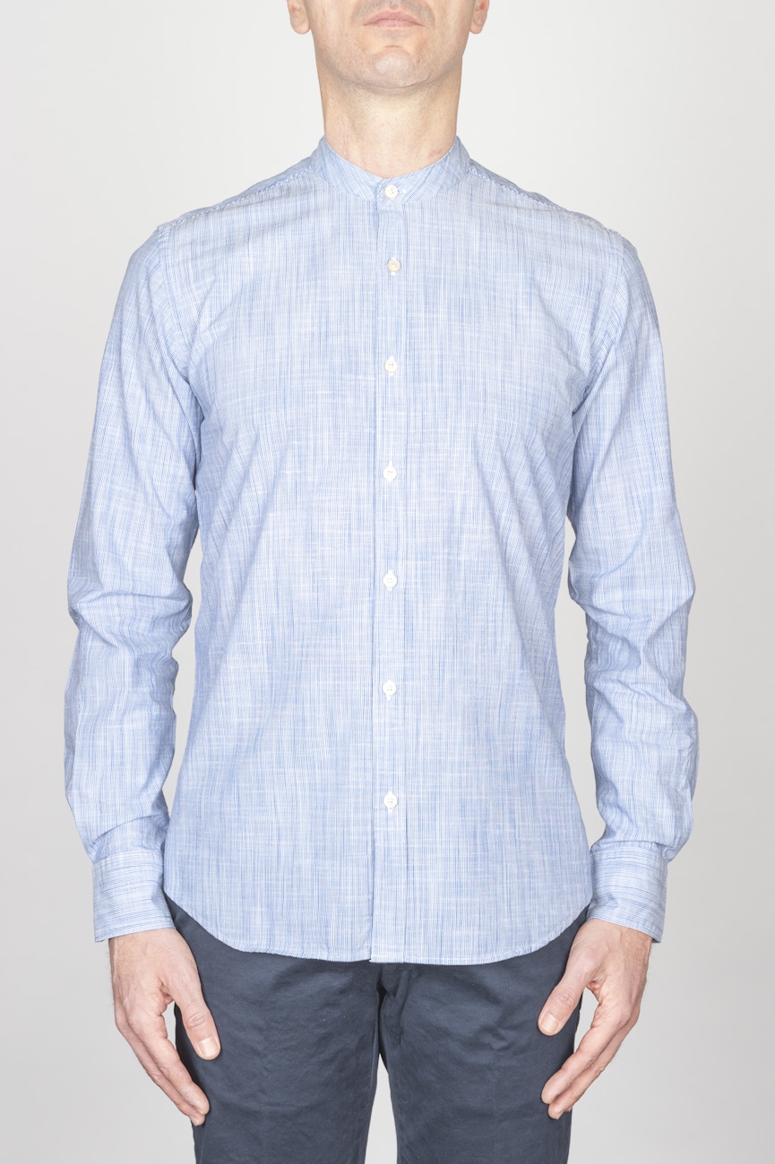SBU - Strategic Business Unit - クラシックマンダリン襟白と青のスーパーコットンシャツ