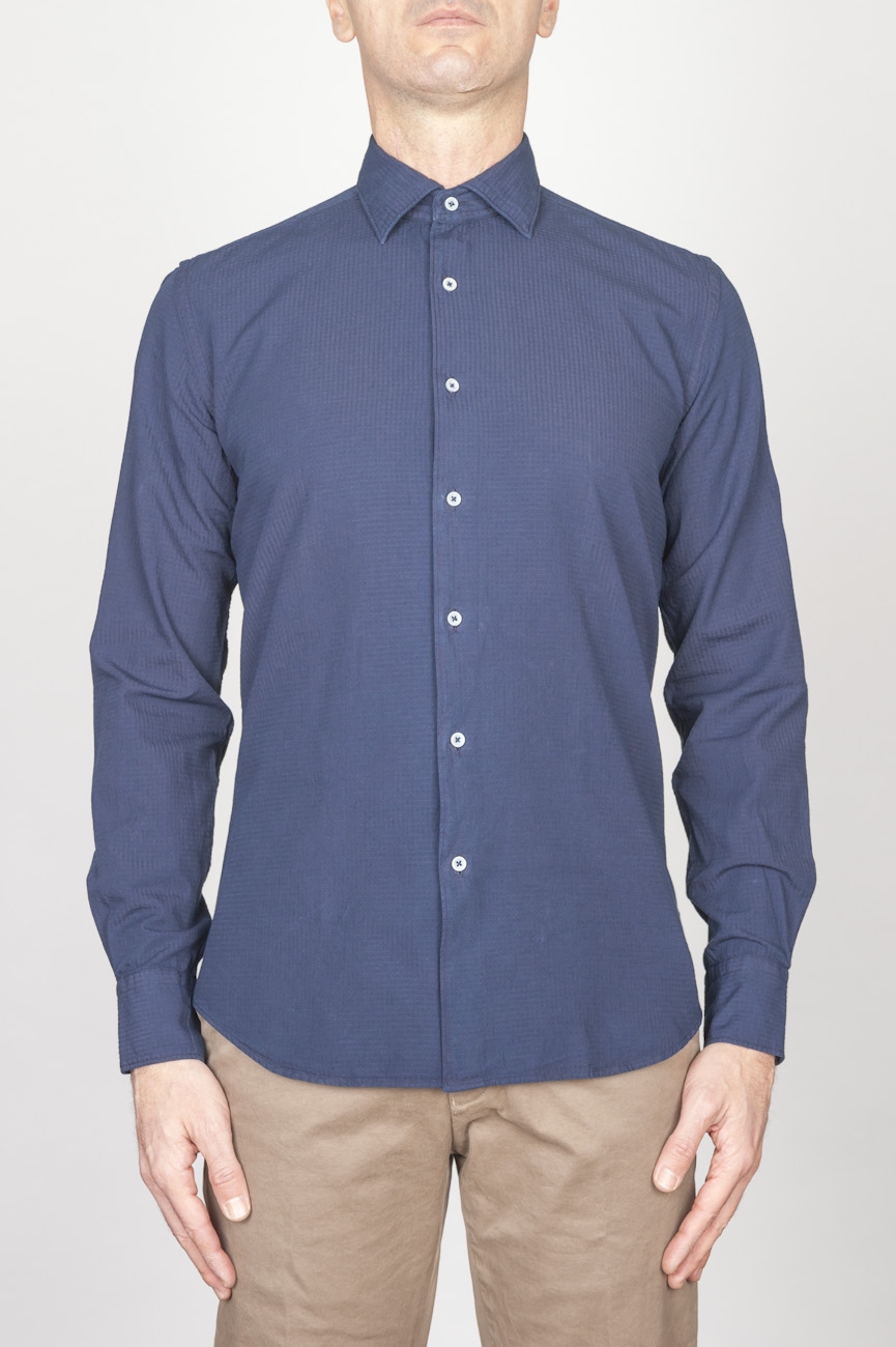 Classic Point Collar Blue Embossed Cotton Shirt