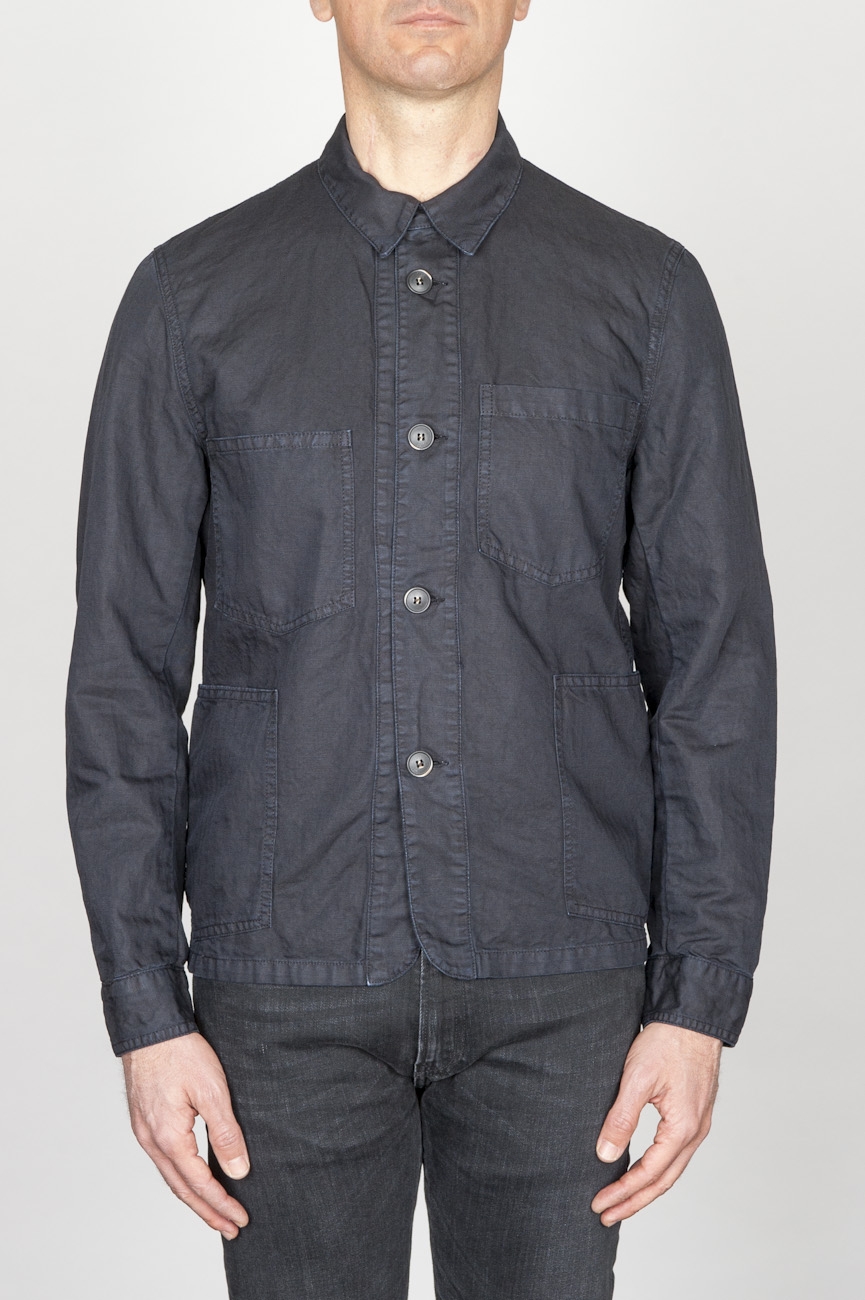 Stone Washed Blue Work Jacket In Mixed Cotton And Linen