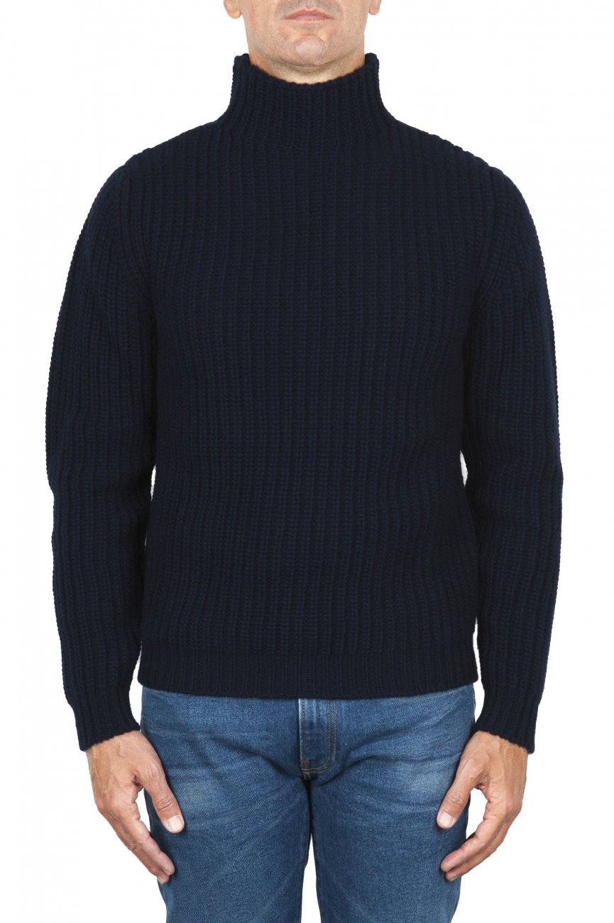 SBU 01860_19AW Pullover collo alto in pura lana a costa inglese blue 01