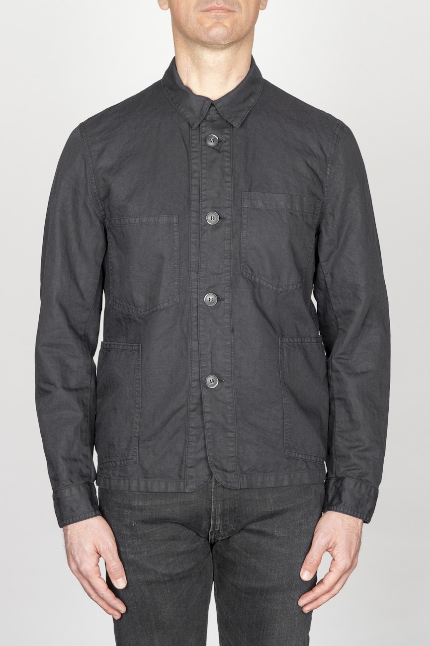 Stone Washed Black Work Jacket In Mixed Cotton And Linen