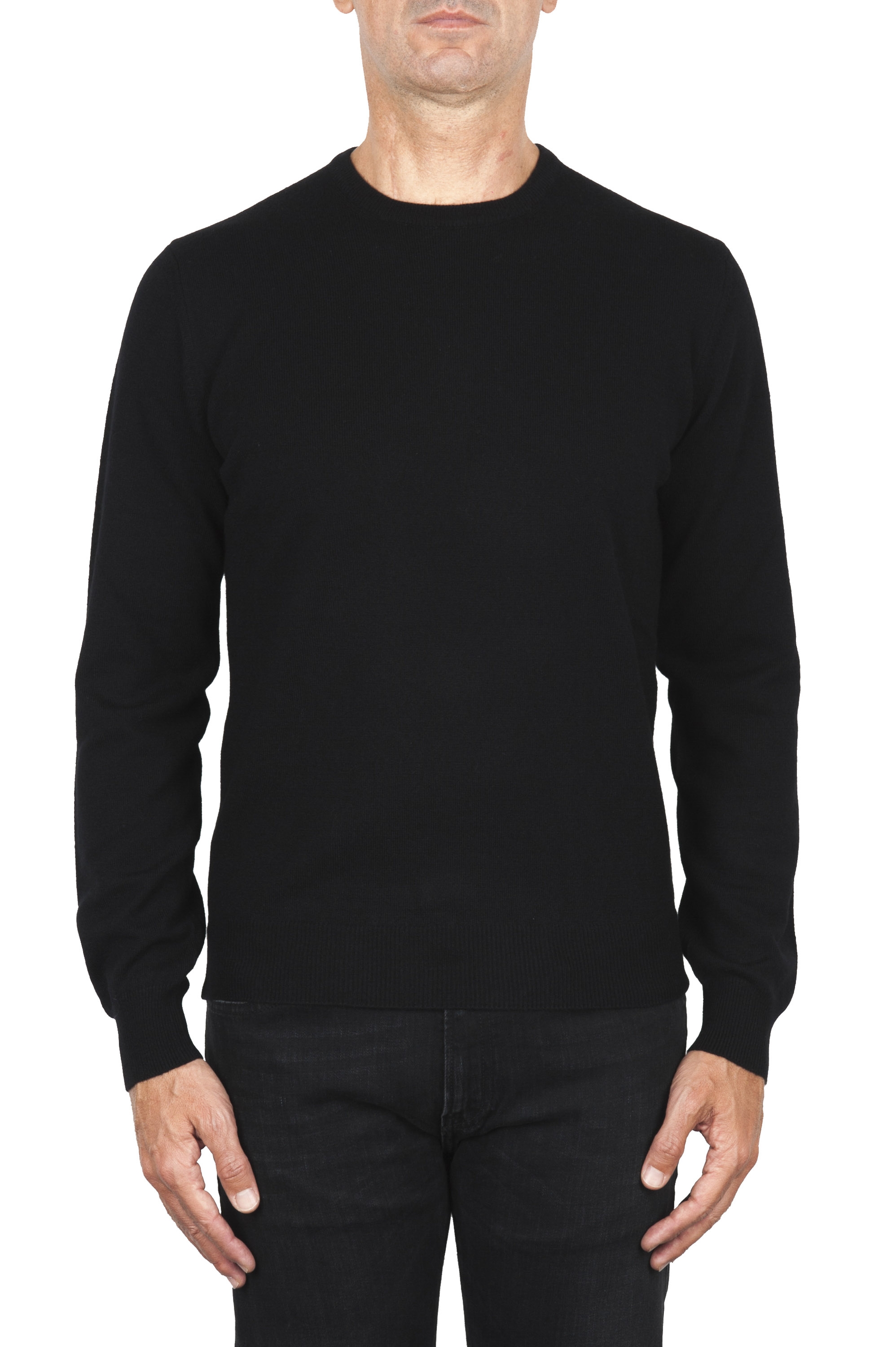 SBU 01873_19AW Black pure cashmere crew neck sweater 01